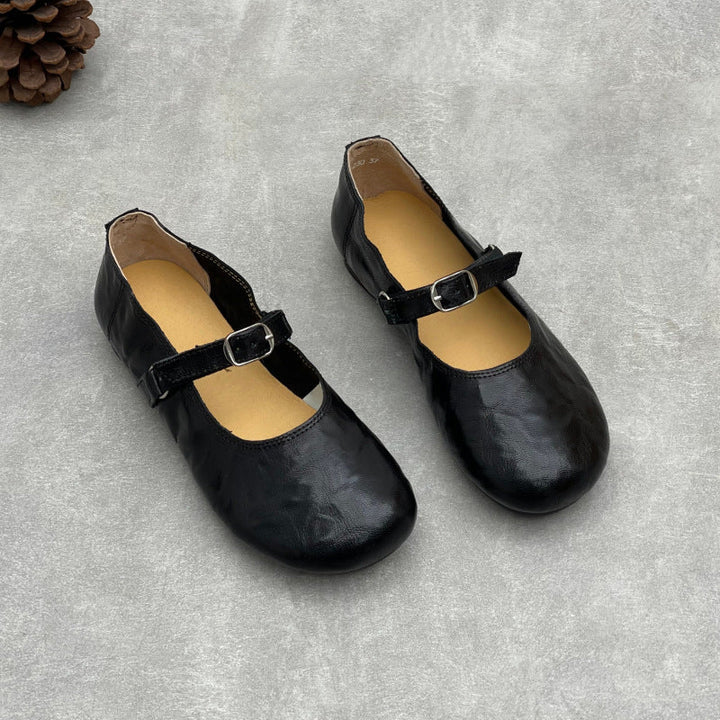 Women’s Handmade Sheepskin Mary Jane Flats – Vintage Round Toe Slip-On Shoes