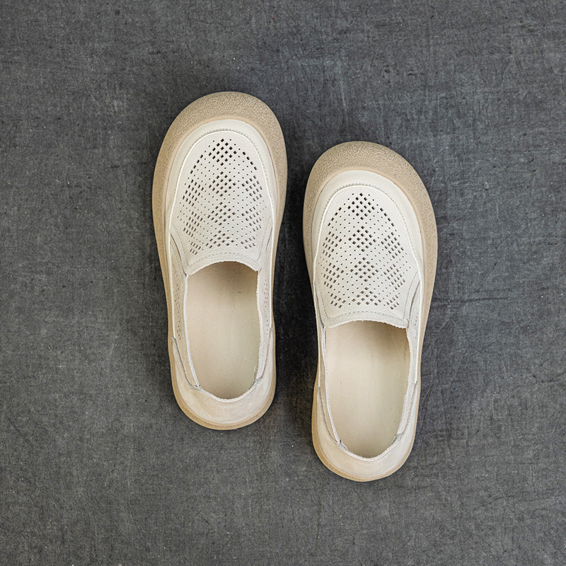 Womens Summer Perforated Leather Slip-on Loafers Breathable Platform Casual Walking Shoes