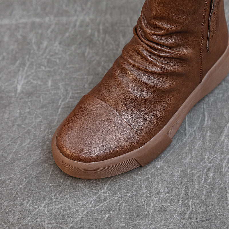 Comfortable Women's Flat Leather Boots – Casual Ruched Ankle Style