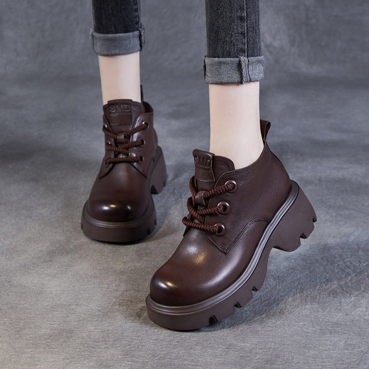 Women's Retro Genuine Leather Platform Lace-Up Chunky Boots