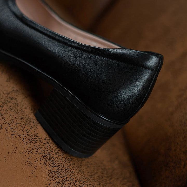 Women's Black Leather Pumps - Low Heel for Office & Business