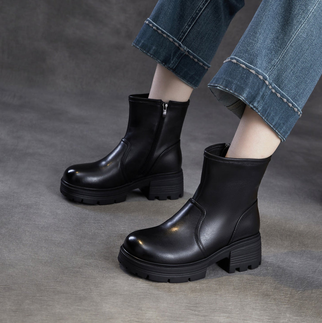 Women's Top-Grain Leather Ankle Boots Chunky Platform Block Heel Side Zipper Booties