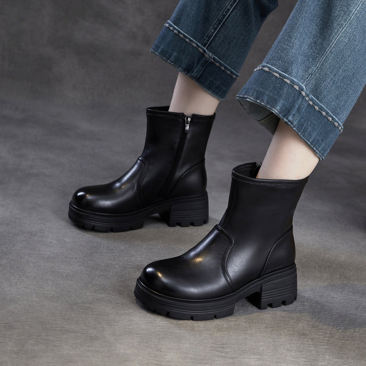 Women's Top-Grain Leather Ankle Boots Chunky Platform Block Heel Side Zipper Booties