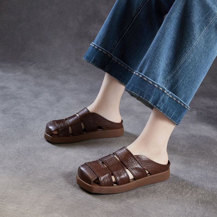 Women's Leather Mules - Multi-Strap Woven Closed Flat Sandals Casual Summer Slip-On Slides