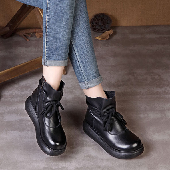 Women's Leather Ankle Boots - Platform Chunky Heel  Booties, Zipper Lace-up Fall Winter Shoes