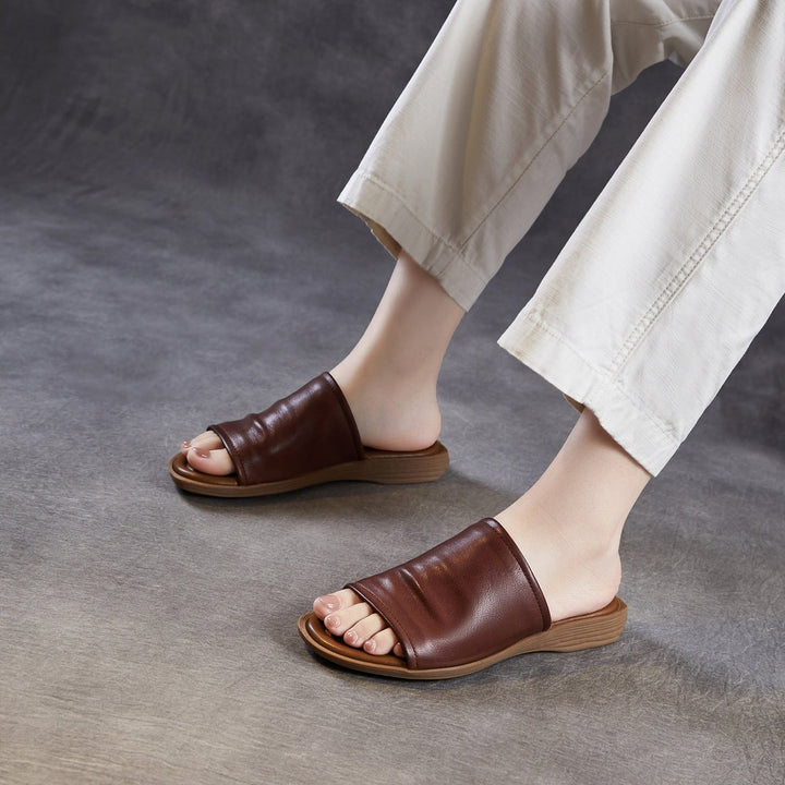 Women's Open Toe Leather Ruched Mules - Zen Style Cowhide Summer Slides