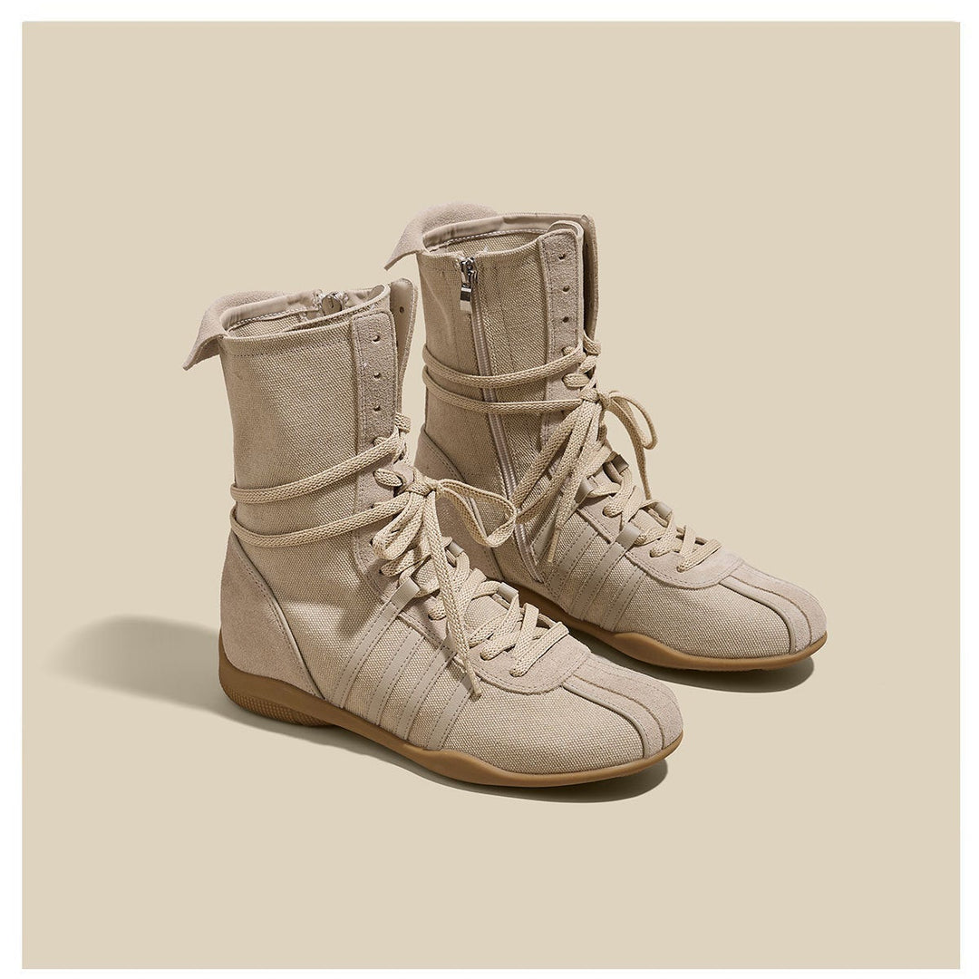 Women's Cow Suede Canvas High Top Sneakers Hidden Wedge Heel Ankle Booties