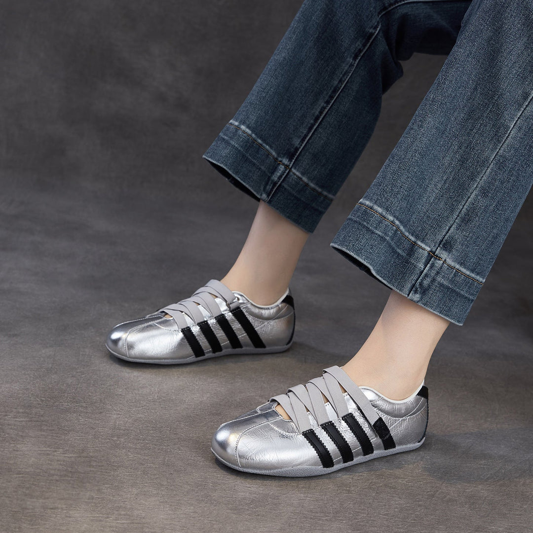 Women's Retro Cowhide Sneakers Vintage Round Toe Strappy Velcro Driving Flats
