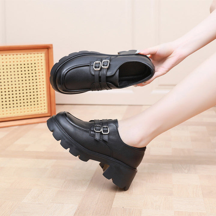 Women's Chunky Platform Loafers - Leather Shoes with EVA Outsole - Double Buckle Detail