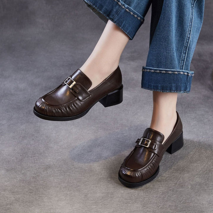 Women’s Sheepskin Leather Loafers – British Style Block Heel Mid Heel Shoes