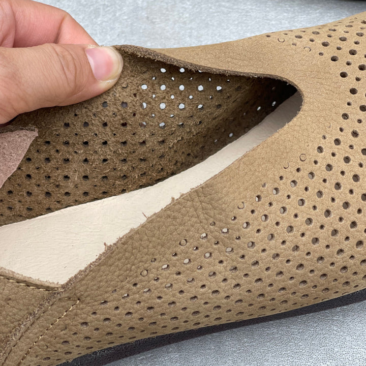 Women's Leather Perforated Loafers Retro V-Neck Slip-On Flats Ballet Flats Vintage Casual Summer Shoes