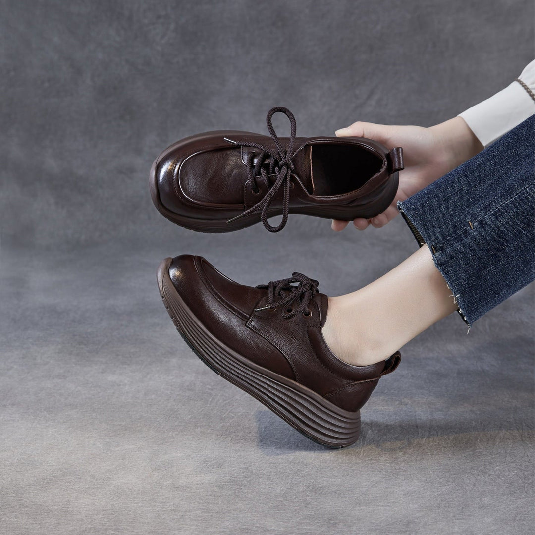 Women’s Leather Lace-Up Platform Wedge Shoes – Retro Non-Slip Casual Style