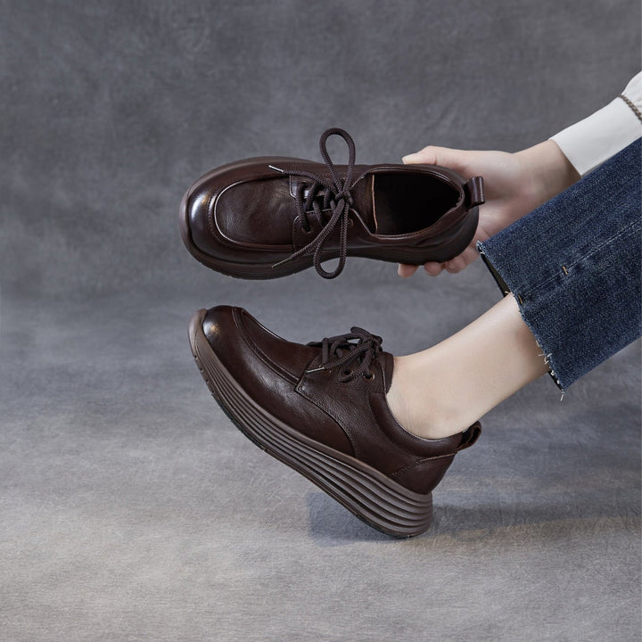 Women’s Leather Lace-Up Platform Wedge Shoes – Retro Non-Slip Casual Style
