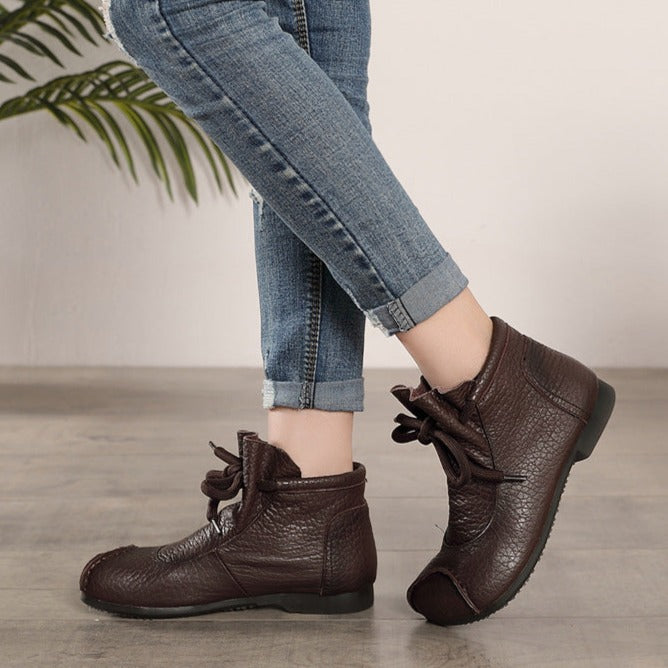 Women's Vintage Ankle Boots Round Head Flat Leather Boots