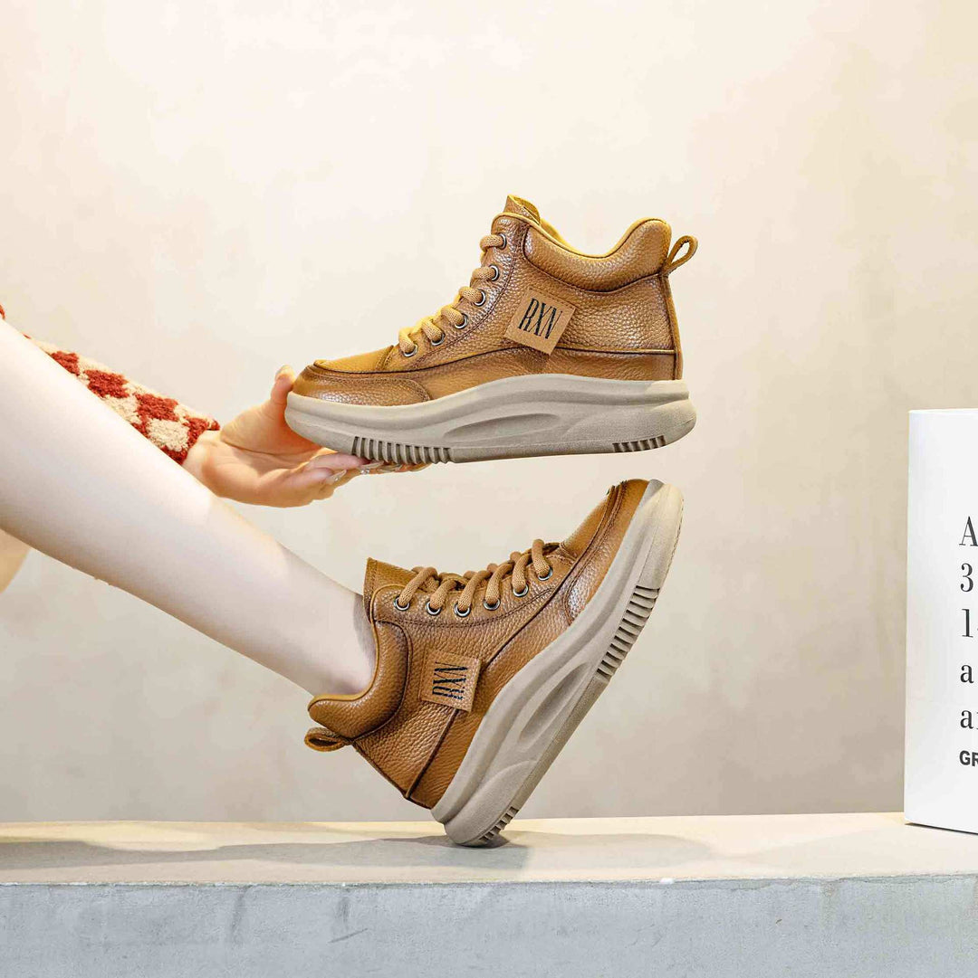 Women's Leather Lace-up Casual Platform Walking Shoes High-top Sneakers