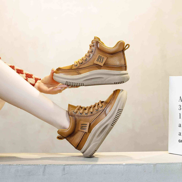 Women's Leather Lace-up Casual Platform Walking Shoes High-top Sneakers