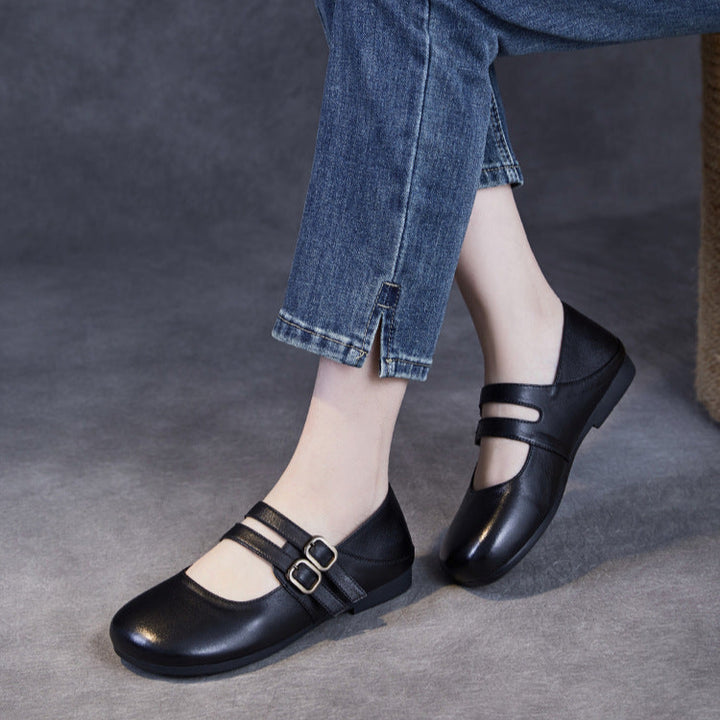 Rounded Toe Comfort Leather Flat Double Strap Mary Jane Women's Shoes