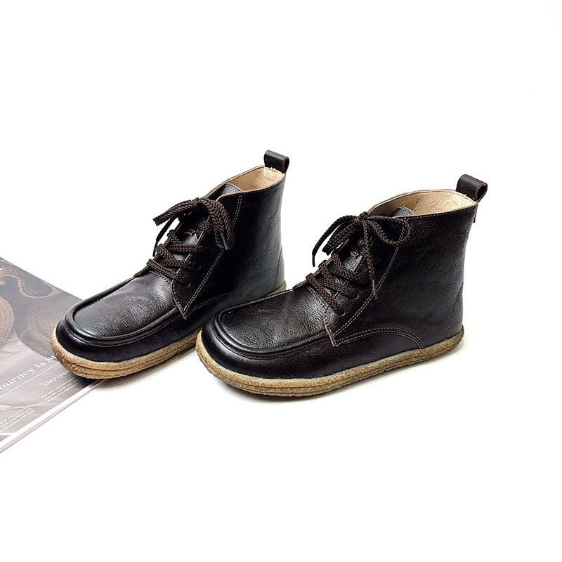 Women's Vintage Leather Ankle Booties Soft Sole Round Toe Lace-Up Walking Shoes