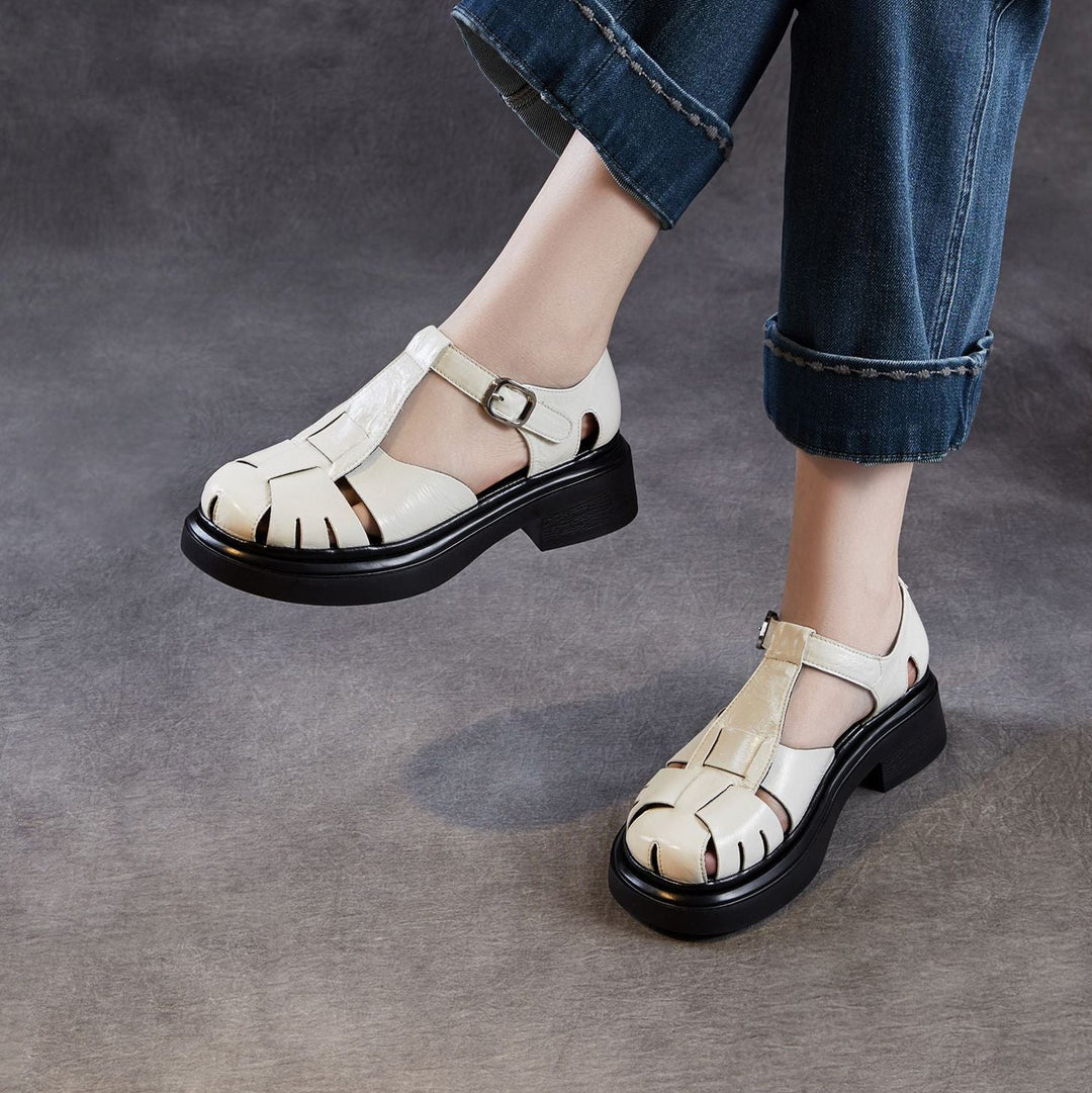 Women's Chunky T-Strap Mary Janes Platform Perforated Fisherman Sandals Casual Summer Shoes