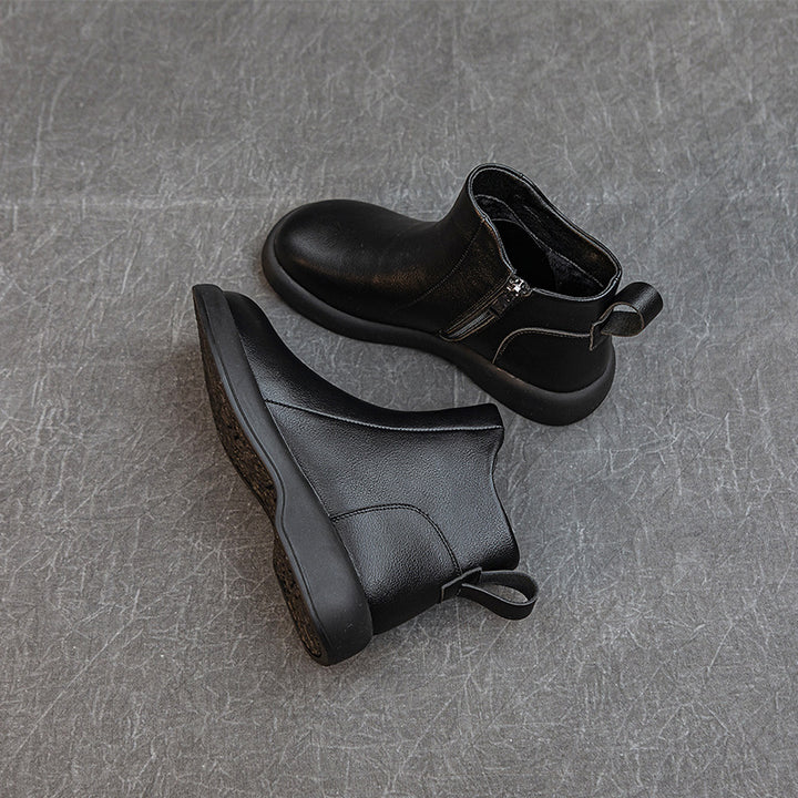 Women's Comfortable Leather Ankle Boots – Low Heel with Side Zipper