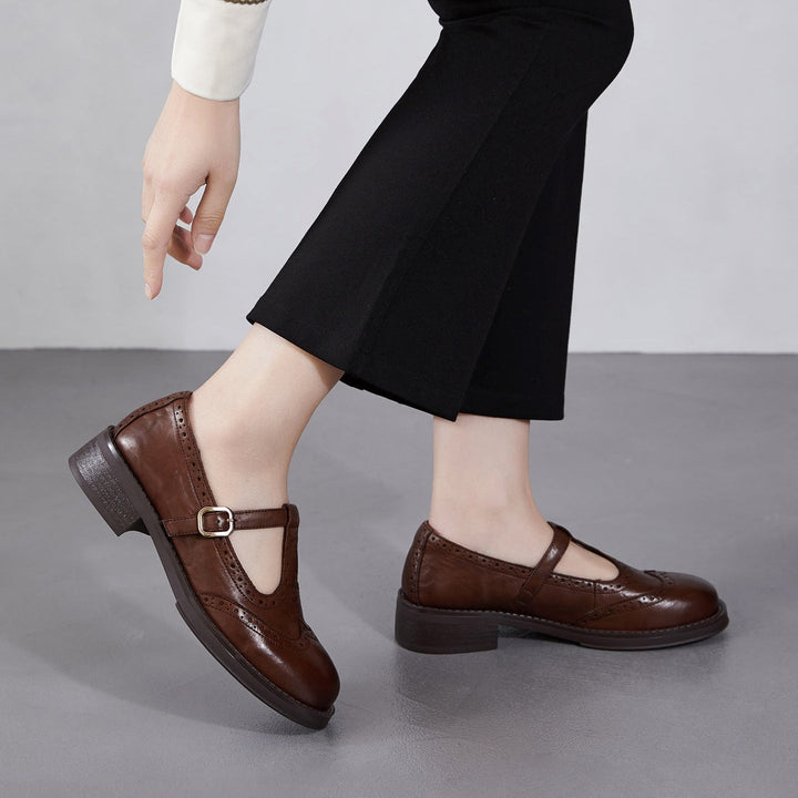 Women's Brogue T-Strap Mary Janes - Unlined Cowhide Leather - Block Heel