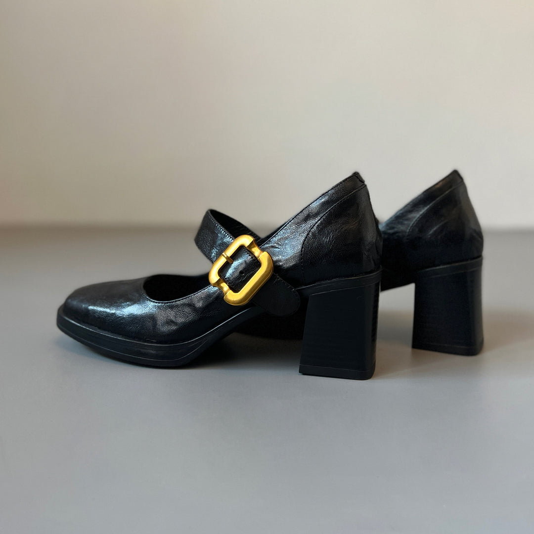 Women's Mary Jane Pumps - Square Toe Gold Buckle High Block Heel Dress Shoes