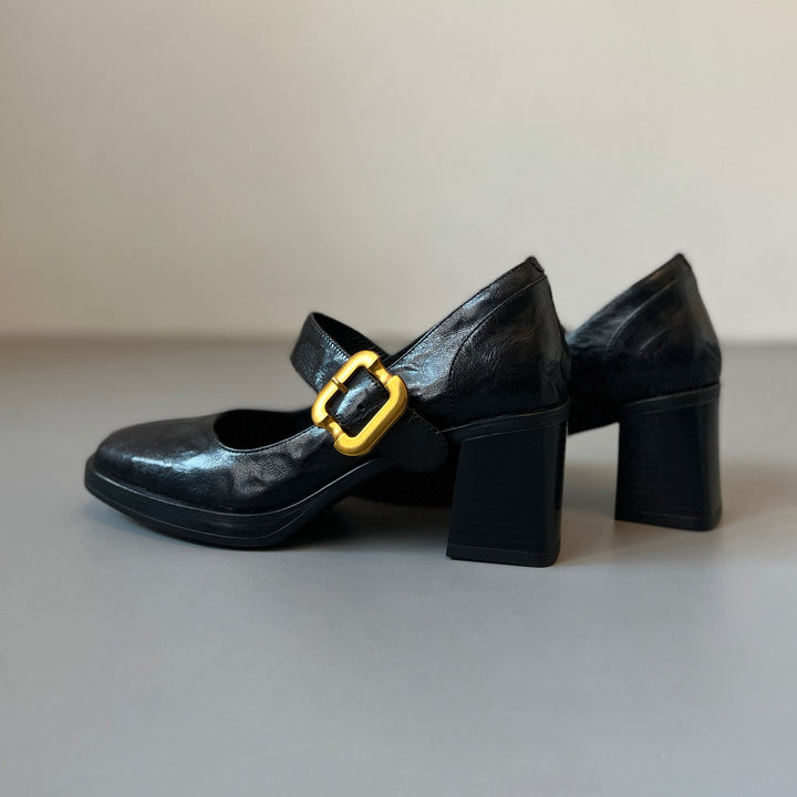 Women's Mary Jane Pumps - Square Toe Gold Buckle High Block Heel Dress Shoes