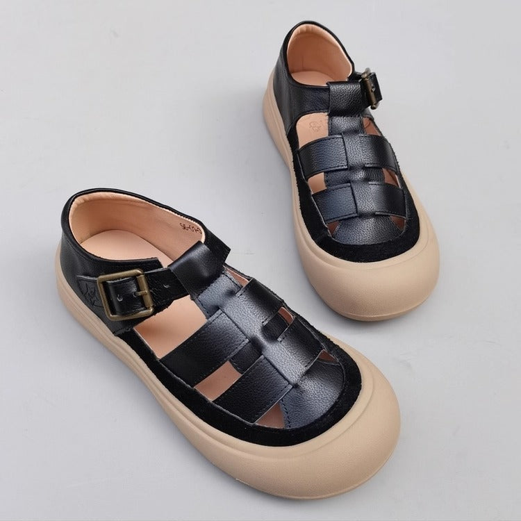 Women's Genuine Leather Closed-Toe Woven Sandals – Soft Sole & Casual Style