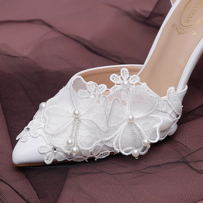 Elegant Pearl Lace Flower Wedding Shoes High Heels