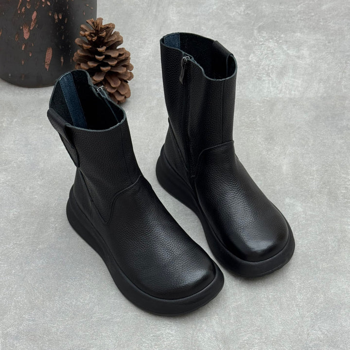 Women's Top-Grain Leather Mid Calf Boots Side Zipper Platform Casual Wedge Booties