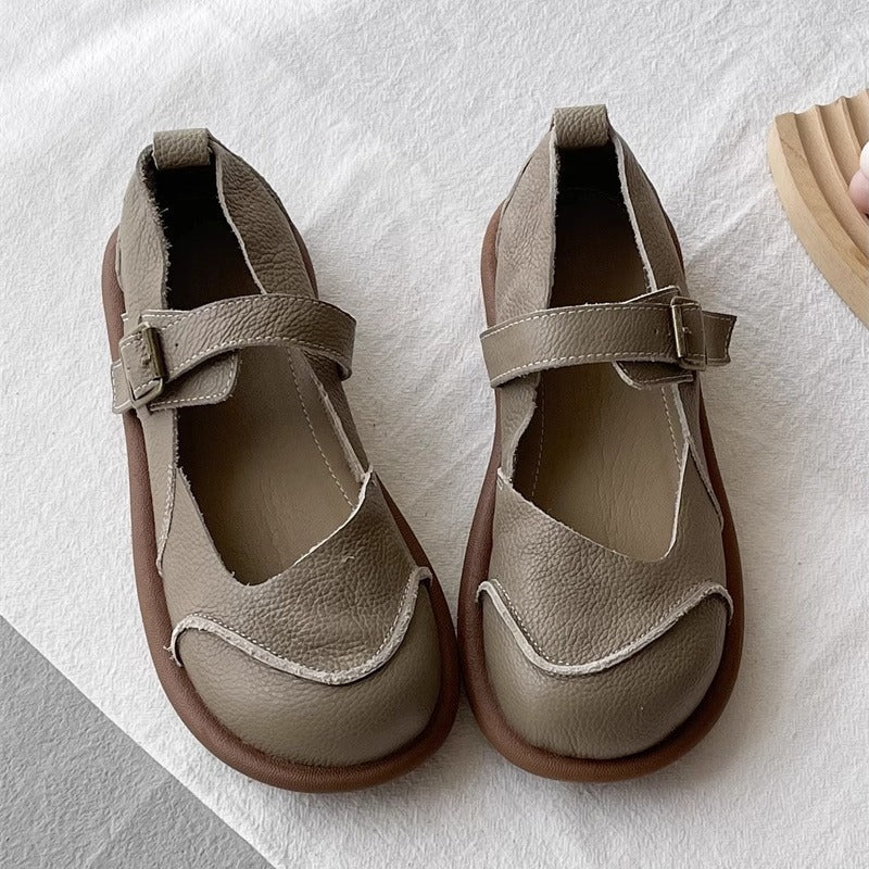 Women's Soft Leather Flat Mary Jane Shoes – Round Toe with Patchwork Design
