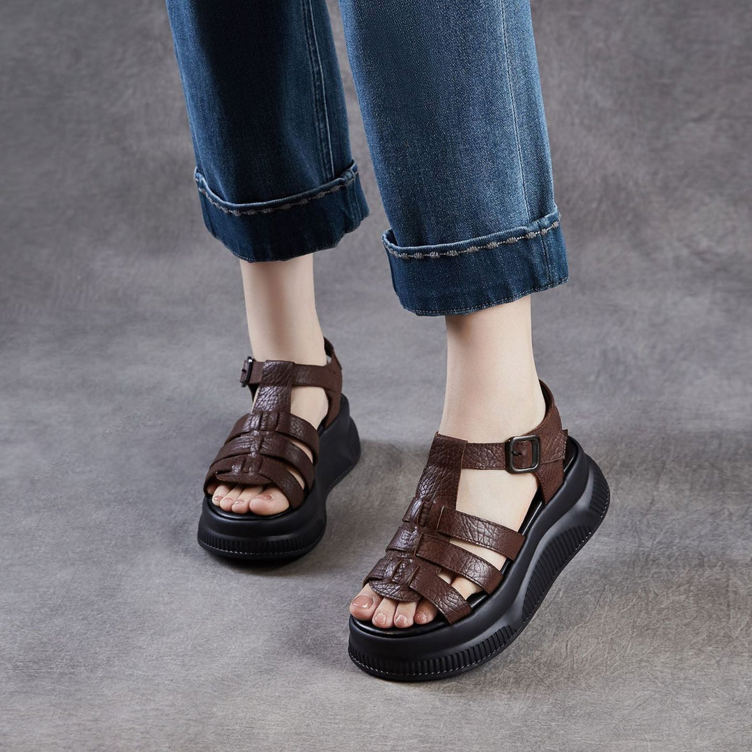 Women's Retro Leather Roman Sandals Vintage Round Toe Platform Chunky Platform Heels