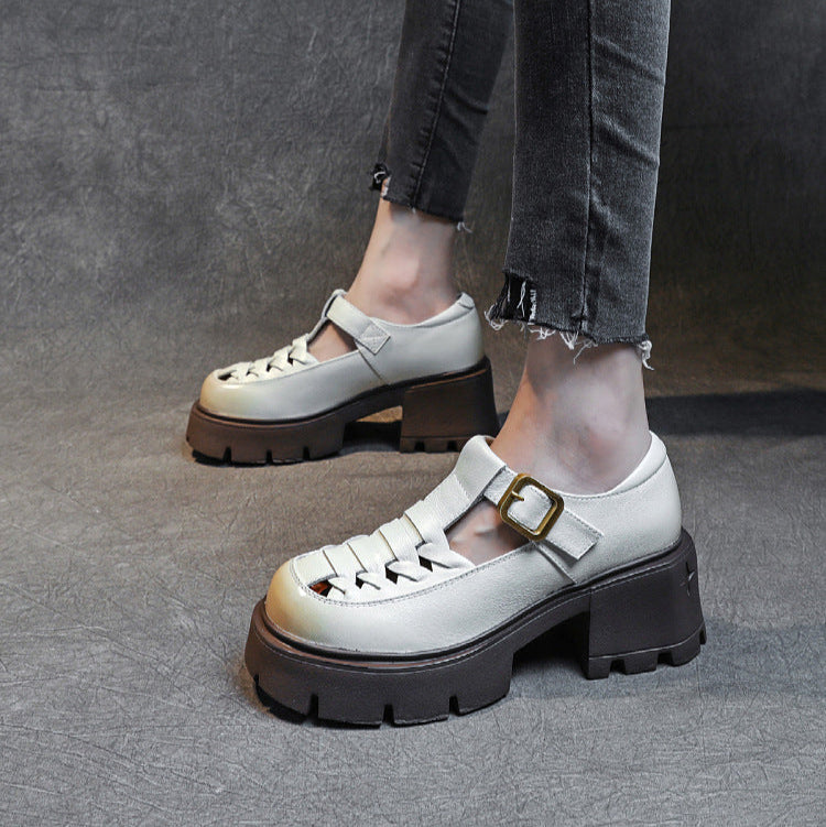Women's Genuine Leather Fisherman Sandals - Chunky High Heel & Closed Toe Design