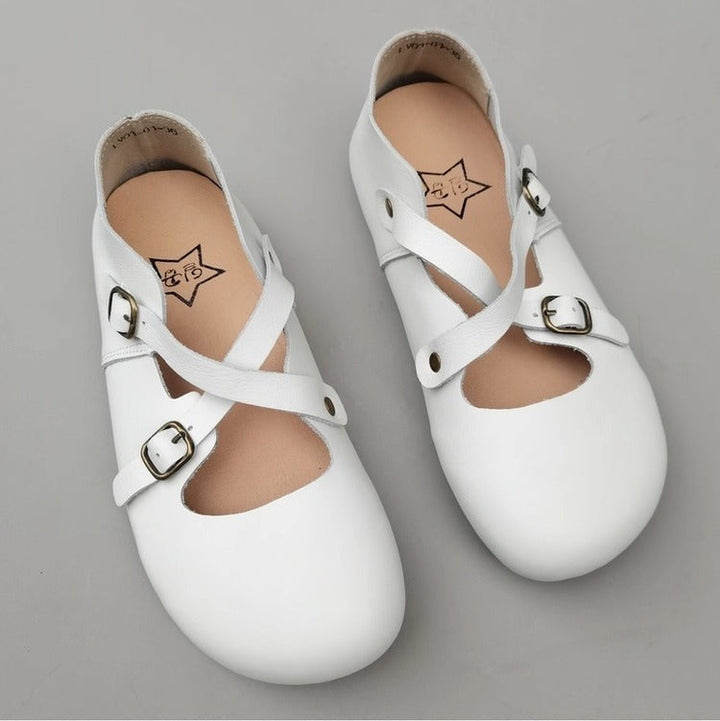 Women's Vintage Handmade Leather Shoes – Cross Strap, Buckle & Soft Sole