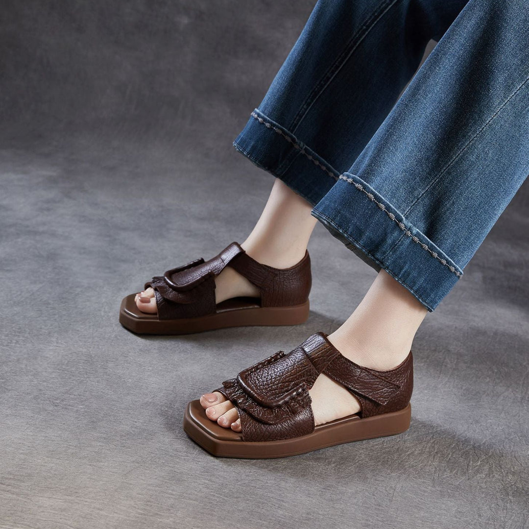 Women's Square Toe Platform Sandals Open Toe Retro Velcro Leather Ruffled Casual Summer Flats