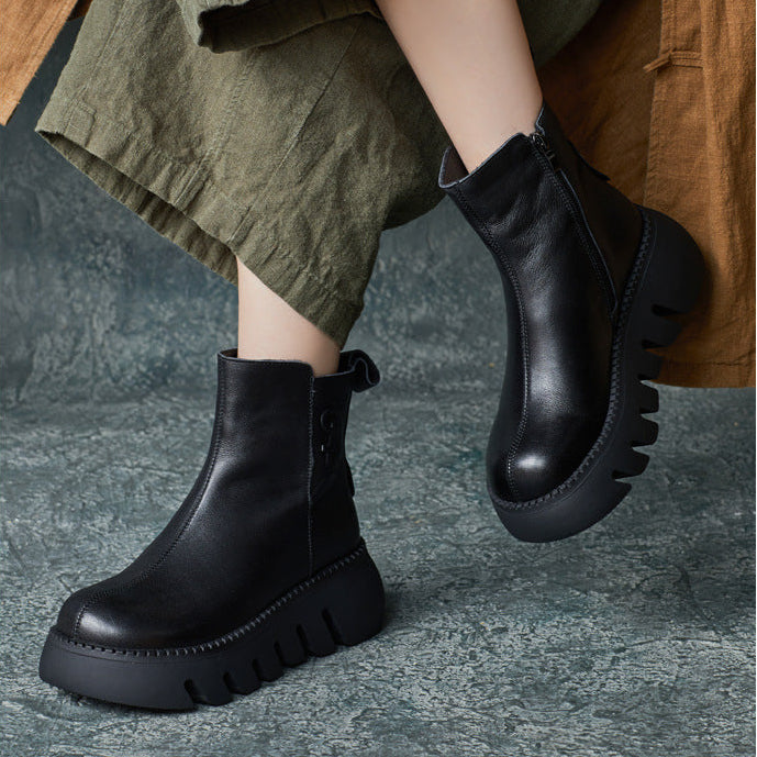 Women's Vintage Cowhide Platform Ankle Booties Round Toe Rubber Sole Winter Boots