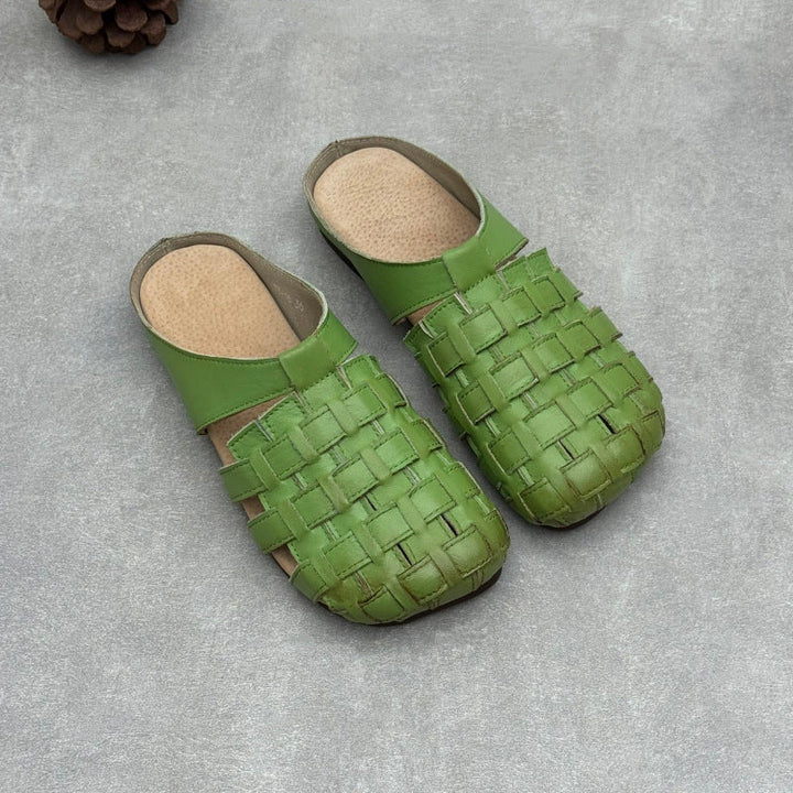Women's Artisanal Square Toe Leather Woven Mules - Lightweight Unlined Flats