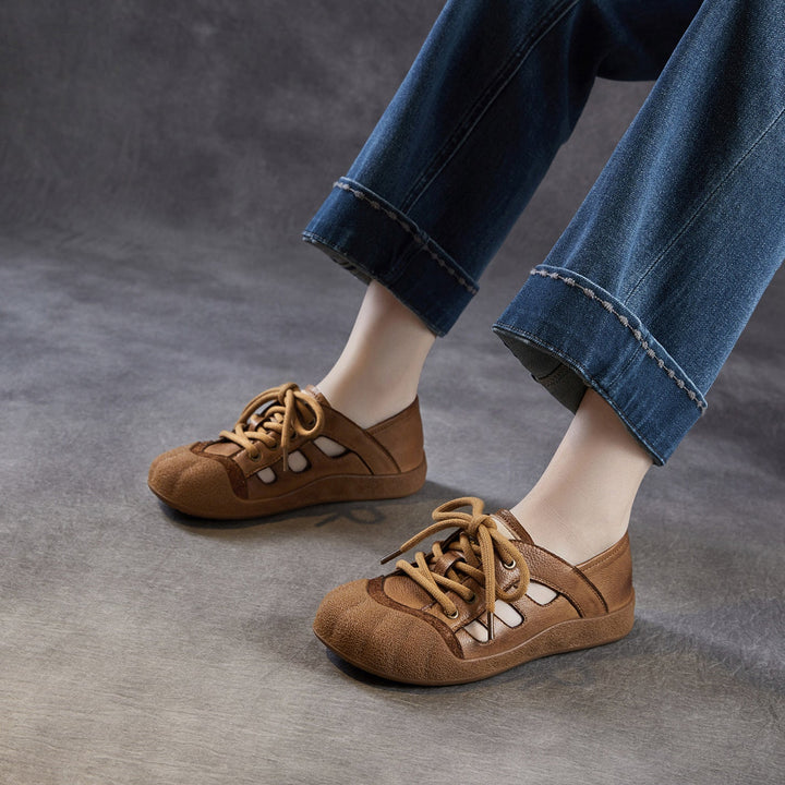 Women's Chunky Leather Cutout Summer Oxford Sandals Barefoot-Friendly Perforated Walking Shoes