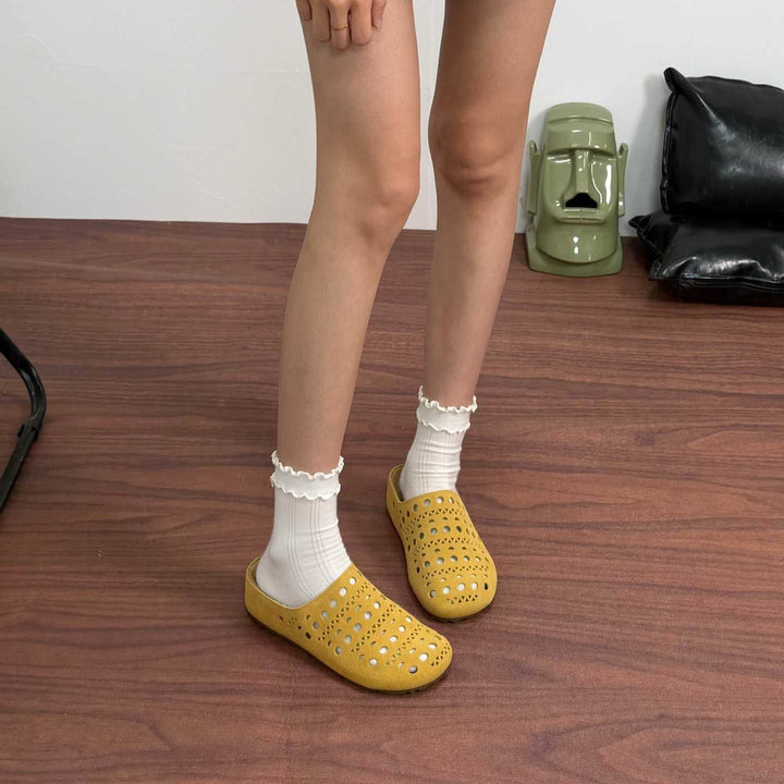 Women's Platform Leather Clogs Perforated Hollow-Out Mules Barefoot-Friendly Slippers