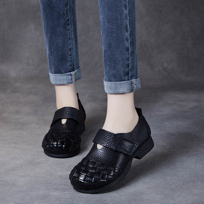 Women's Woven Leather Wide Toe Low Heel Velcro Casual Shoes