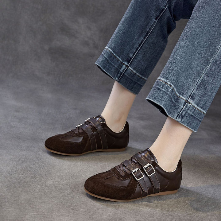 Women's Genuine Leather Double Buckle Strap Sneakers Retro Slip-on Flat Shoes