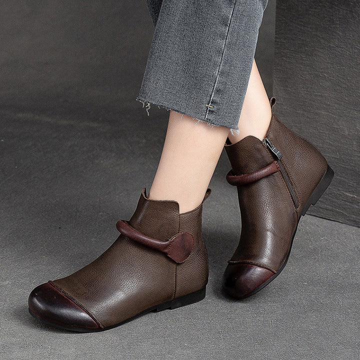 Women's Retro Leather Ankle Boots Vintage Round Toe Velcro Short Booties