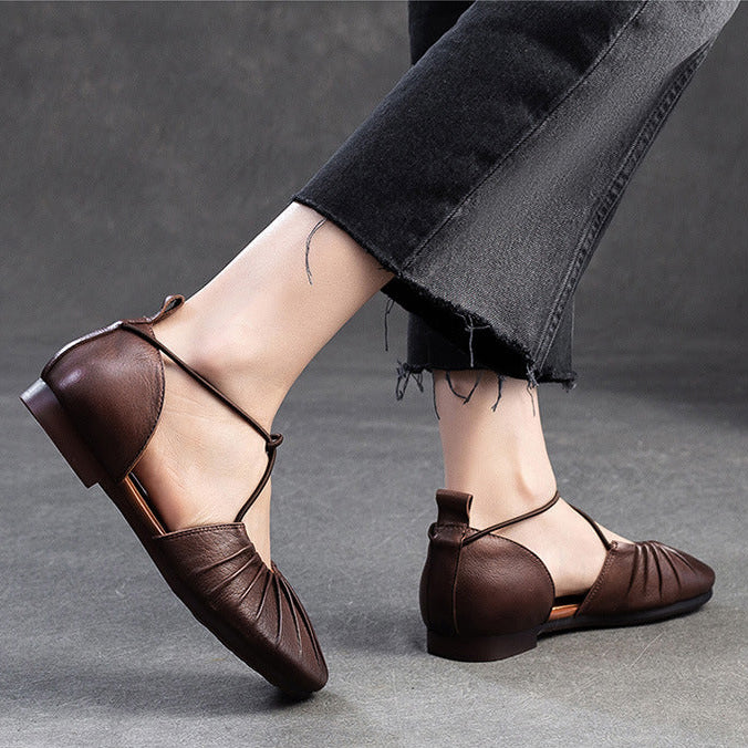 Women's Pleated Cowhide Flats - Summer Breathable Mary Janes - Elastic Cross-Strap