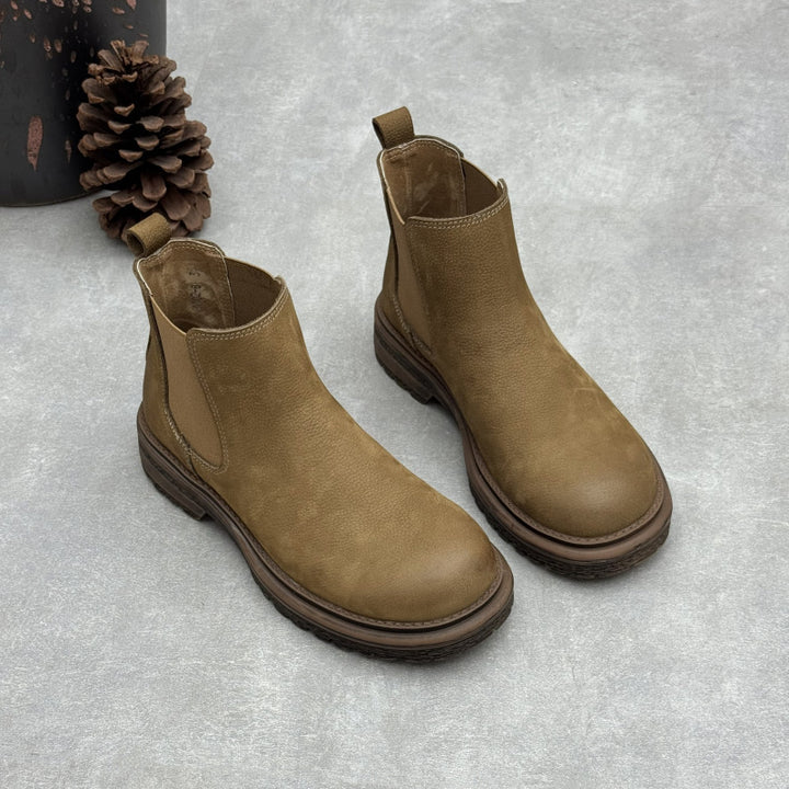 Women's Top-Grain Leather Chelsea Ankle Boots Slip On Low Platform Heel Booties