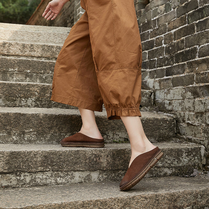 Women's V-Cut Soft Leather Flat Mules – Retro Minimalist Style