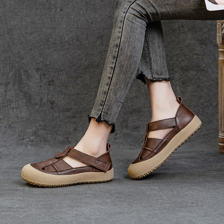 Womens Retro Woven Leather Fisherman Sandals Velcro Closed Toe Platform Walking Shoes