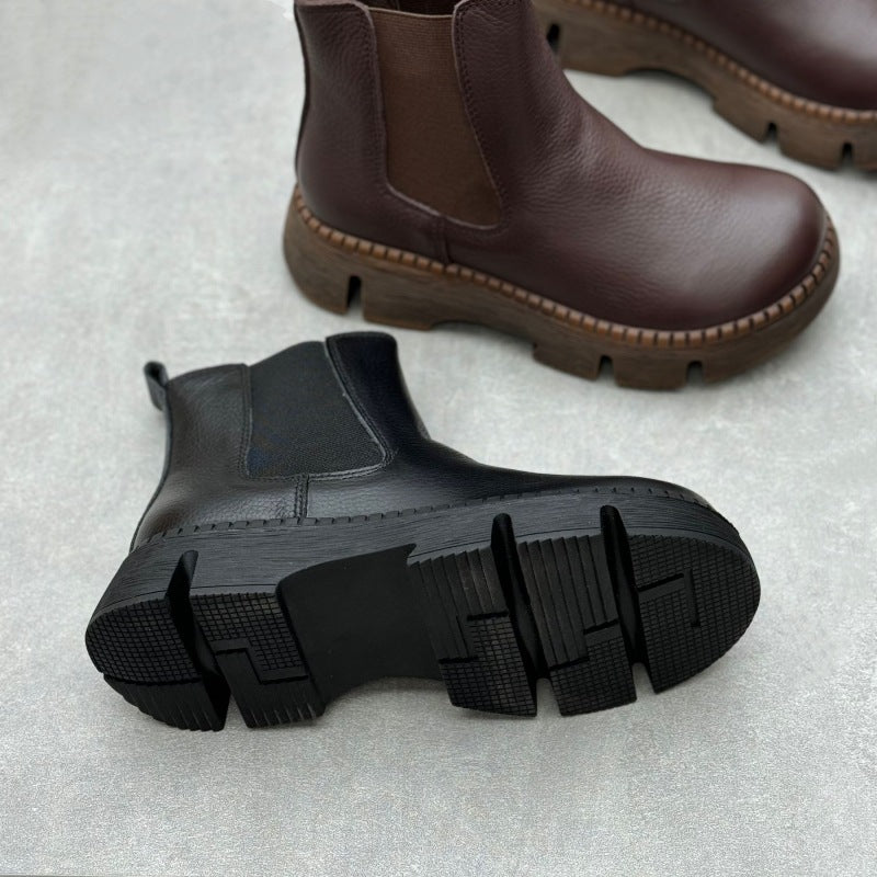 Women's Platform Leather Chelsea Boots – Round-Toe Ankle Booties