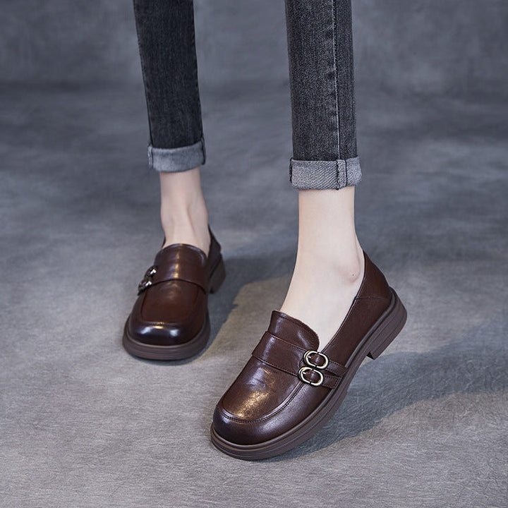 Women’s Leather Slip-On Loafers – Vintage British Low Heel