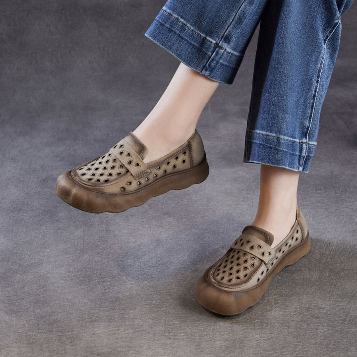 Women's Summer Leather Slip-on Flats — Cutout & Breathable Design