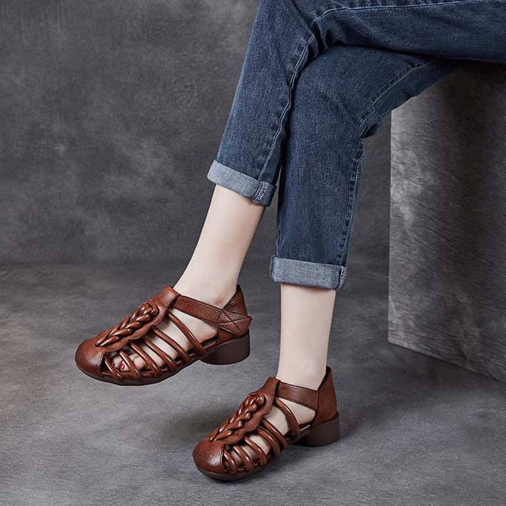 Breathable Leather Summer Sandals for Women - Round Toe Flat Walking Shoes with Velcro Strap